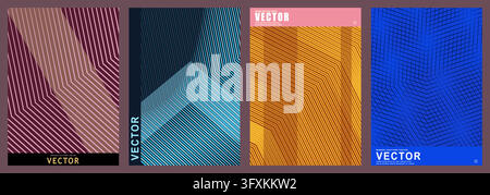 Four Abstract Vector Covers with Line Patterns in Purple Blue Yellow and Blue Colors Featuring Geometric Linear Texture for Modern Design Projects Stock Vector