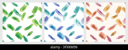 A collection of three seamless patterns featuring hand-drawn abstract brush strokes and textured watercolor effects. Stock Vector