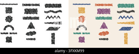 A collection of hand-drawn sketchy geometric shapes, stripes, and textured banners in black and colorful variations. Stock Vector