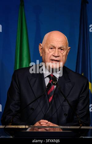 Waldorg Rome Justice Minister Carlo Nordio speaks at the podium during the opening ...
