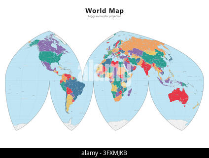 Unique world map poster featuring Boggs eumorphic interrupted projection displaying colorful continents, oceans, and political borders. Stock Vector