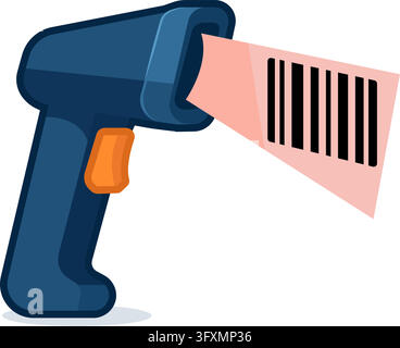 Flat vector illustration of a handheld barcode scanner in dark blue with an orange trigger, scanning a barcode on a pink label. Ideal for retail check Stock Vector