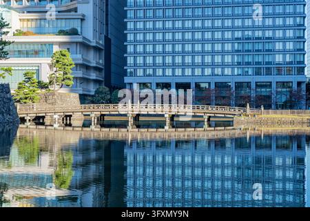 A wooden bridge spans a calm moat in front of a stone wall and manicured trees, with a large modern office building reflected in the water. Stock Photo
