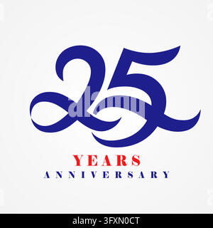 25 years anniversary creative calligraphy logo. Vector emblem for a business birthday celebration with numbers adorned with a blue ribbon Stock Vector