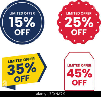 Variety of limited offer discount labels: 15% blue circle, 25% red scalloped, 35% yellow arrow, 45% red tag. Stock Vector