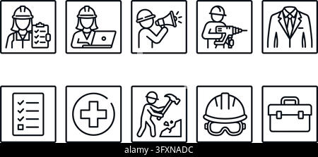 Collection of outline vector icons representing various aspects of construction work, safety, and project management. Stock Vector