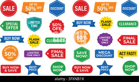 Comprehensive marketing sticker set. Final sale tags. Buy now buttons. Clearance labels. Promotional badges pack. Stock Vector