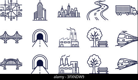 Line art vector set featuring urban architecture bridges tunnels factories park benches and trains for mapping. Stock Vector