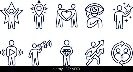 Linear people management icons. Individual career growth. Visionary leadership. Achievement milestones. Staffing set. Stock Vector
