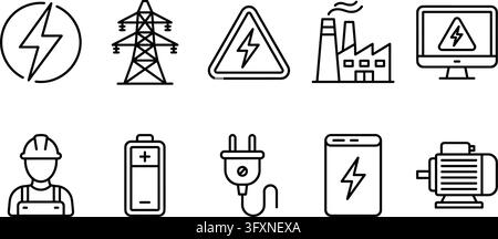 Set of minimalist symbols representing electricity, power generation, industrial equipment, and electrical safety. Stock Vector