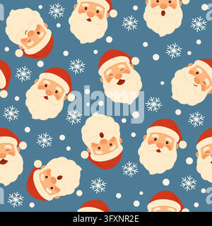 Blue Christmas seamless pattern with Santa Claus faces Stock Vector