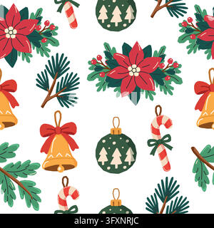 Christmas Botanical Seamless Pattern with Poinsettia Flowers and Holiday Ornaments Vector Illustration Stock Vector