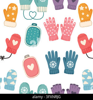 Winter Mittens and Gloves Seamless Pattern with Colorful Knitted Accessories Vector Illustration Stock Vector