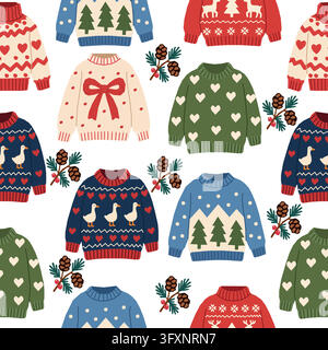 Christmas Sweaters Seamless Pattern with Colorful Knitted Jumpers and Festive Designs Vector Background Stock Vector