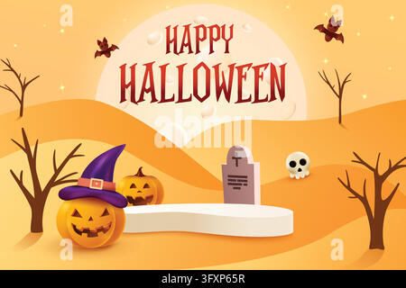 Happy Halloween Festive Sale With Podium On Yellow Background. 3D Realistic Spooky Theme Vector Illustration. Stock Vector