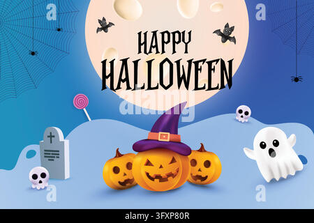 Happy Halloween On Blue Background With Pumpkin, Ghost, Skull, Bat etc. 3D Halloween Sale Theme Concept Vector Illustration Stock Vector