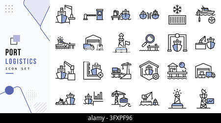 Port logistics maritime cargo shipping line icon set showing freight vessel crane warehouse delivery transport isolated on white Stock Vector