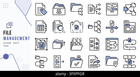 File management document archive line icon set showing data organization folder directory workflow storage isolated on white Stock Vector