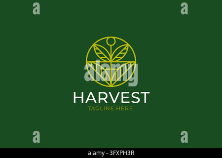 Minimalist Gold Wheat Ear Monoline Logo Template with Circle Leaf Icon Stock Vector