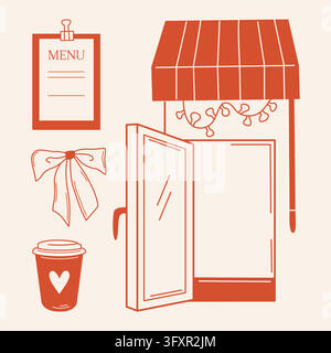 Cafe or coffee shop facade illustration, paper to go cup, bow and menu template in modern line art style for cafe or pastry shop branding concept Stock Vector