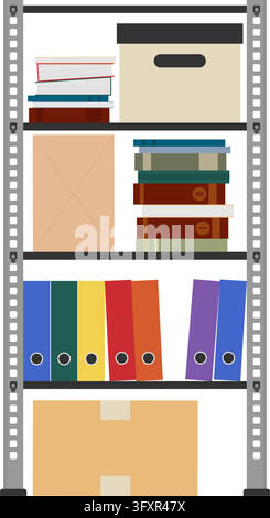 Metal Office Shelving Unit with Folders and Boxes Vector Illustration Stock Vector