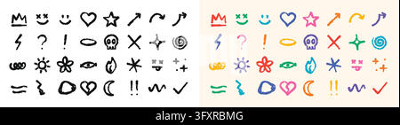 A versatile set of hand-drawn crayon doodle icons and symbols featuring hearts, stars, arrows, and abstract shapes in black and vibrant colors. Stock Vector
