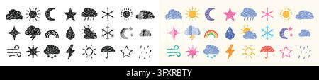 A comprehensive collection of hand-drawn weather and nature icons created in a textured crayon style, featuring suns, clouds, rain, snow, and stars. Stock Vector