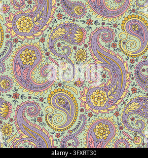 Seamless pattern with intricate paisley teardrop motifs and fine ornamental details in a soft pastel palette. Traditional Indian vector print for Stock Vector