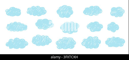 Hand drawn kid cloud texture. Pencil and crayon baby shape art vector background. Blue kid brush chalk illustration.  Stock Vector