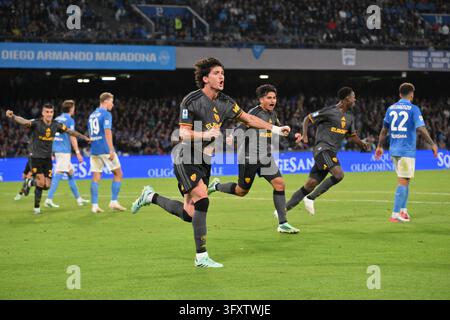 Leonardo Balerdi of Roma celebrates after scoring goal in the 89th ...