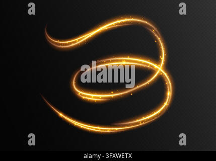 Golden magic trail with stars and sparkles, glowing lines with glitter. Bright curve with sparks Stock Vector
