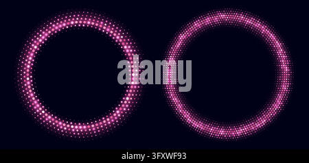 Pink halftone frames, glowing circle borders, round pattern with dots, radial disco luxury design element. Stock Vector