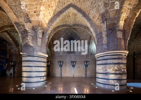Aerial view inside the ancient stone arches of Acre Citadel in Israel, illuminated by modern spotlights reflecting on polished floors. Stock Photo
