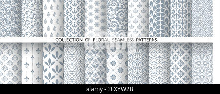 Geometric floral set of seamless patterns. White and gray vector backgrounds. Damask graphic ornaments Stock Vector