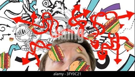 Image of caucasian man and red arrows over hamburger and business icons. health and lifestyle concept digitally generated image. Stock Photo