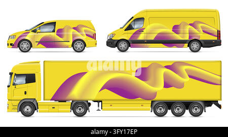Vehicle branding mockup template with abstract yellow and purple geometric wrap design for corporate identity concept Stock Vector