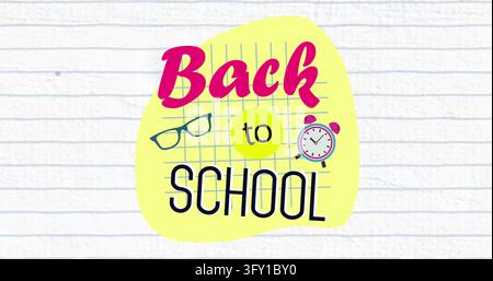 Showing centered yellow shape with magenta Back to circle black SCHOOL glasses alarm on ruled paper. Notebook, poster, illustration, graphic, statione Stock Photo