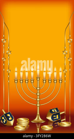 Festive Hanukkah vertical template featuring a menorah, dreidels, Star of David ornaments and coins on the warm orange background, with copy space. Stock Vector