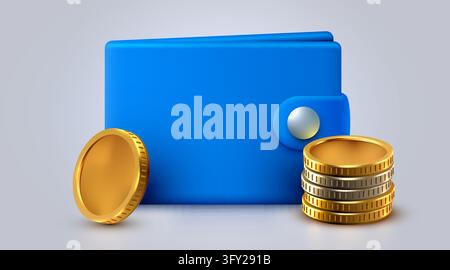Blue wallet with gold coins for financial savings concept. Financial icon for business and wealth. Vector illustration Stock Vector