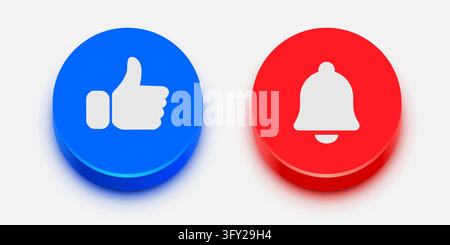 Social media notification and like button icons. Rounded 3d interface elements for web design. Vector illustration. Stock Vector