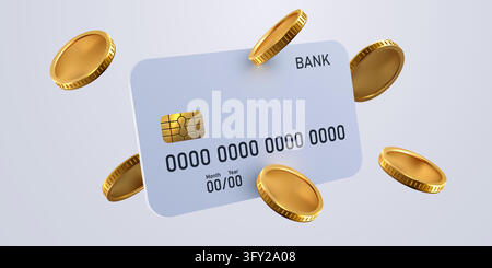 Bank credit card with falling golden coins. Financial payment concept for online business. Vector illustration Stock Vector