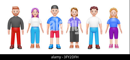 3d people icons. Smiling male and female avatars standing in casual clothing, cute human characters for business team profiles, student digital user. Vector cartoon render isolated illustration set Stock Vector
