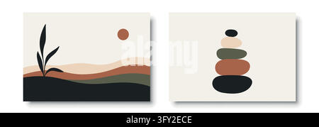 Minimal Desert Landscape with Layered Hills, Vector Illustration. Sun and Botanical Silhouette in Warm Earth Tones. Modern Abstract Wall Art for Boho Stock Vector