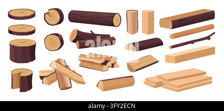Wood log. Tree trunk branch, cartoon cut stump. Firewood piece with plank texture, twig woodcutter or timber. Cut sections display growth rings and bark for forest woodworking. Vector illustration Stock Vector