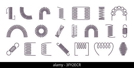 Coil icon. Metal spring spiral wire shape. Industrial wire coils, hooked ends, bent loops, mechanical components for tension, compression and shock absorption in industry. Vector outline isolated set Stock Vector
