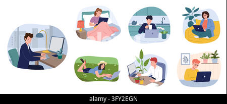Work at home. Woman with computer, laptop on desk, remote man people character. Online freelance and students person. People routines, digital employment with comfortable home. Vector cartoon flat set Stock Vector