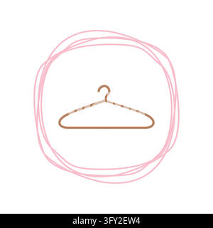 A charming minimalist illustration featuring a simple clothing hanger outline centered inside a soft pink sketchy circular frame. The clean lines and Stock Vector