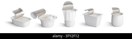 Yogurt cup. Plastic container package, food pot mock up or Greek yoghurt cream tub. 3d white open pack, foil box. Peeling lids reveal creamy contents and blank surfaces for dairy labels. Vector mockup Stock Vector