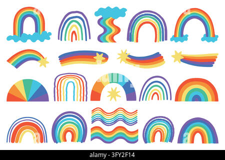 Rainbow logo. Cute abstract child nursery, simple kid doodle drawing. Nature girl children shapes, naive fashion. Pattern motifs, doodle shapes cheerful nature vector hand drawn isolated illustrations Stock Vector