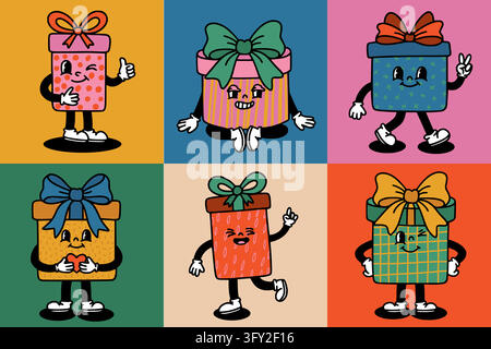 Groovy gifts. Retro festive box ribbon, holiday Christmas characters. Present in comic style. Smiling boxes and playful gestures, joyful celebrations card. Vector cartoon flat style isolated set Stock Vector